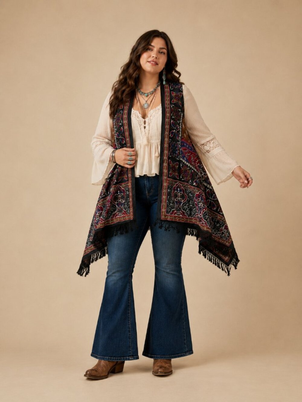 Boho Open Front Fringe Cardigan Vest Festival Kimono Duster Large